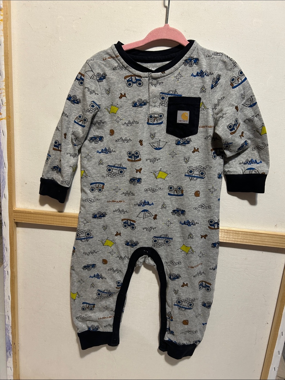 Carhartt Baby Grey Printed One-Piece Romper with Navy Trim